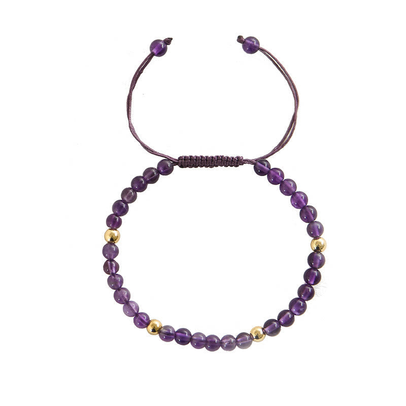 Wear FengShui 4mm Handmade Natural Amethyst 14k Gold Plated Copper Beads Braided String Relieves Stress Bracelet