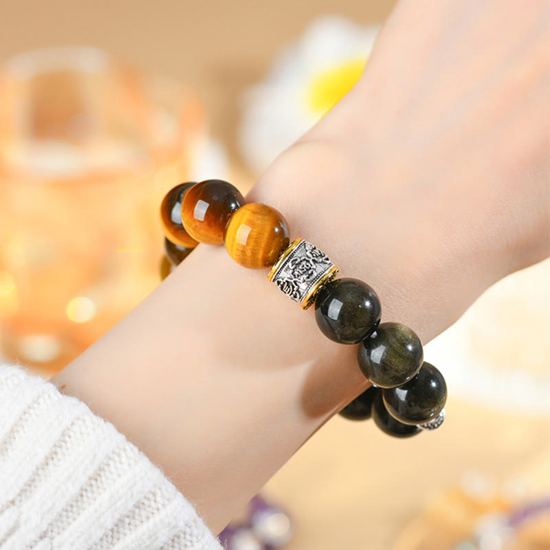 Wear FengShui Tiger Eye Gold Sheen Obsidian Om Mani Padme Hum Bracelet