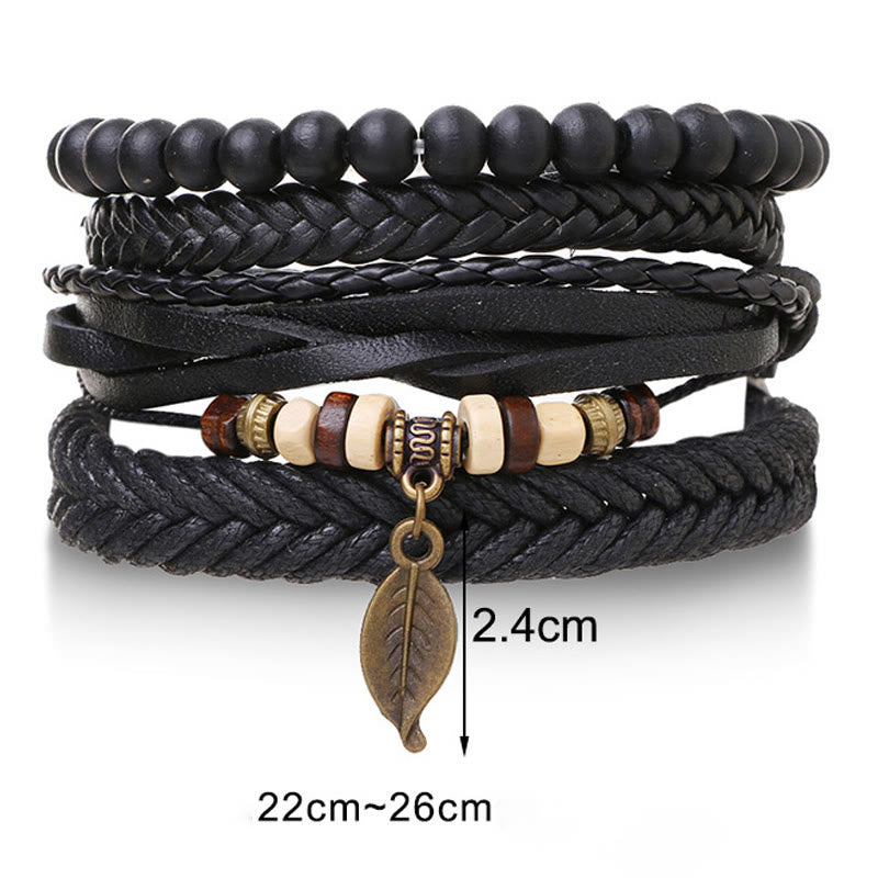 Wear FengShui Leaf Multi-layer Twisted Leather Resin Beads Courage Bracelet Set