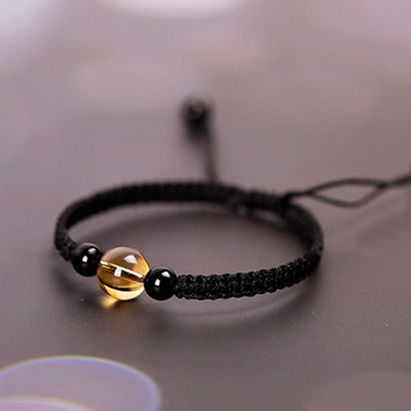 Wear FengShui Handcrafted Citrine Black Obsidian Bead King Kong Knot Peace Knot Luck Rope Bracelet