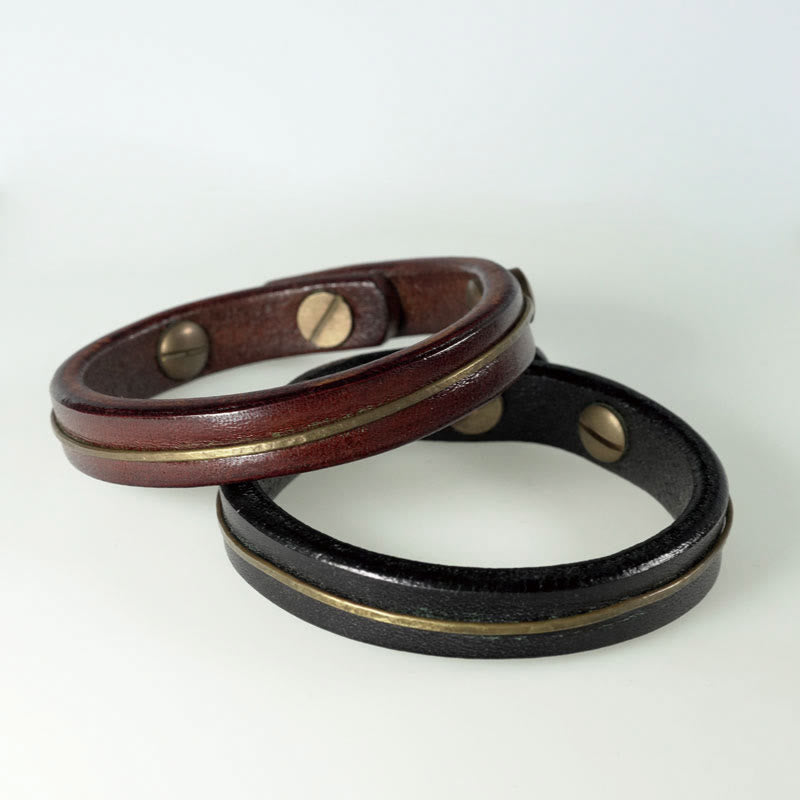 Wear FengShui Vintage Leather Copper Brass Wire Healing Bangle Bracelet
