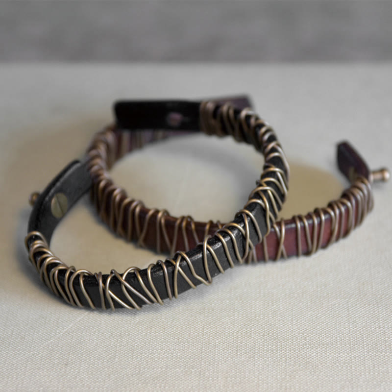 Wear FengShui Vintage Leather Copper Brass Wire Wrap Balance Bracelet