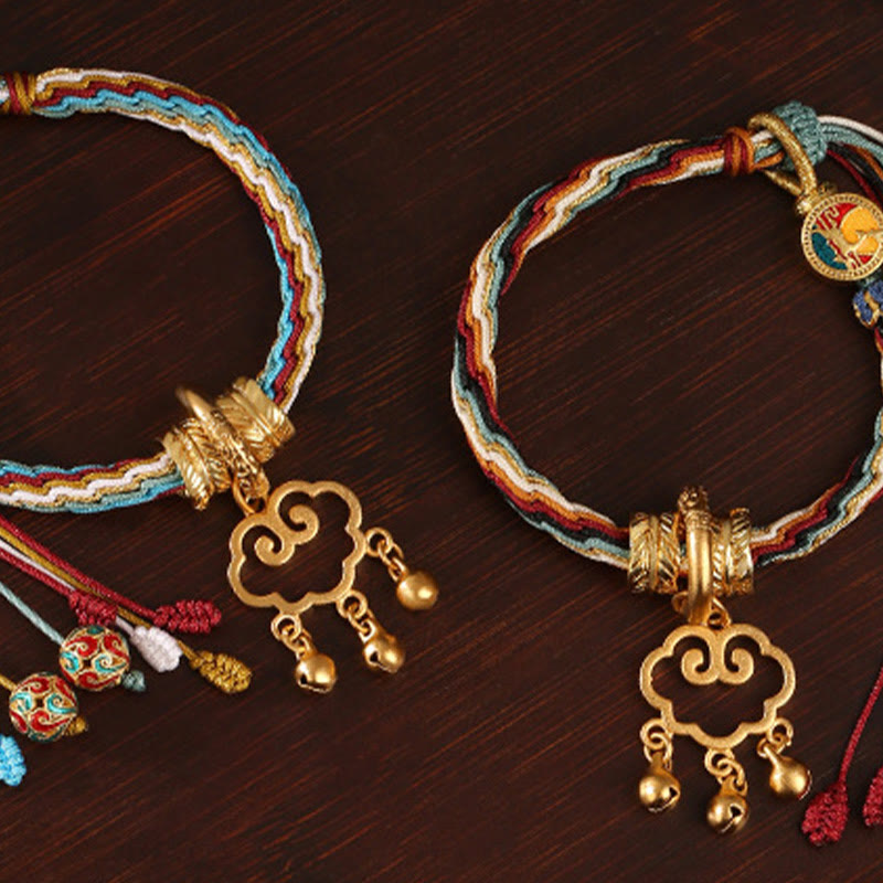 Wear FengShui Handmade Dunhuang Color Deer Auspicious Cloud Peace Lock Bell Healing Reincarnation Knot Bracelet