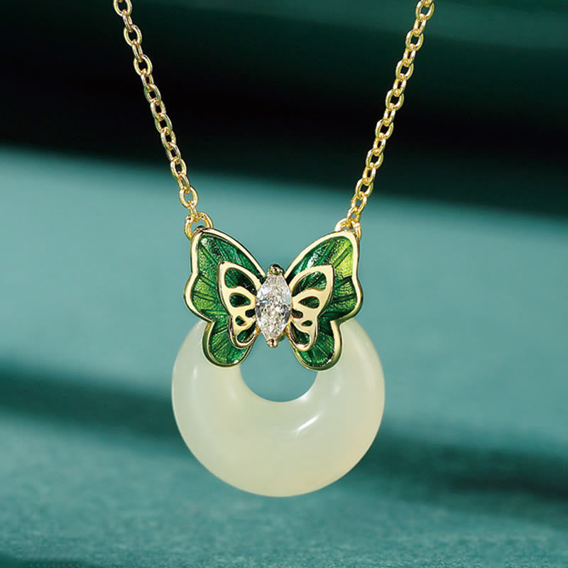 Wear FengShui 925 Sterling Silver Natural Hetian Jade Peace Buckle Butterfly Zircon Luck Bracelet Necklace Pendant