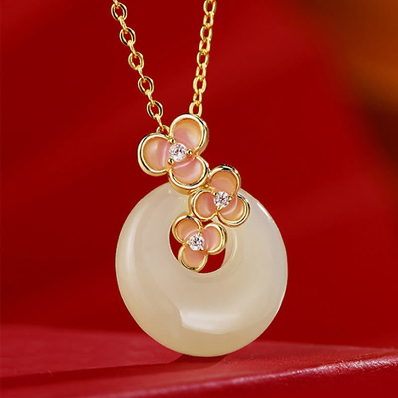 Wear FengShui 925 Sterling Silver Natural Hetian Jade Peach Blossom Peace Buckle Zircon Luck Bracelet Necklace Pendant
