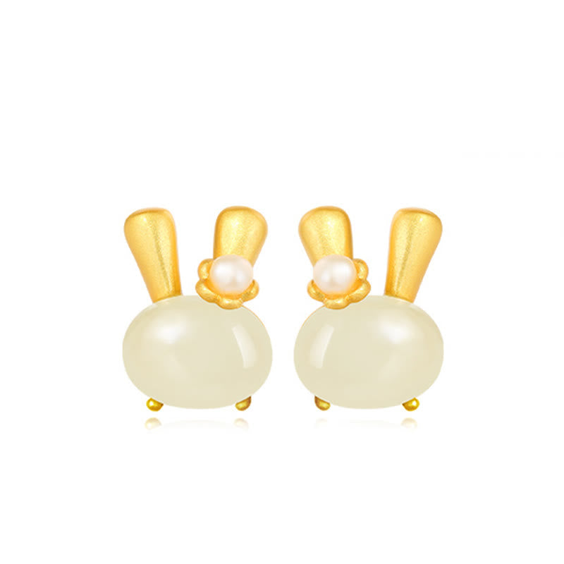 Wear FengShui 925 Sterling Silver Natural Hetian Jade Cute Rabbit Pearl Abundance Earrings