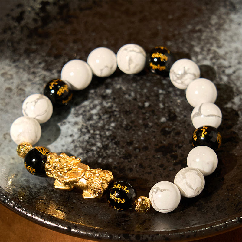 Wear FengShui Vintage White Turquoise Black Onyx Pixiu Beads Blessing Bracelet