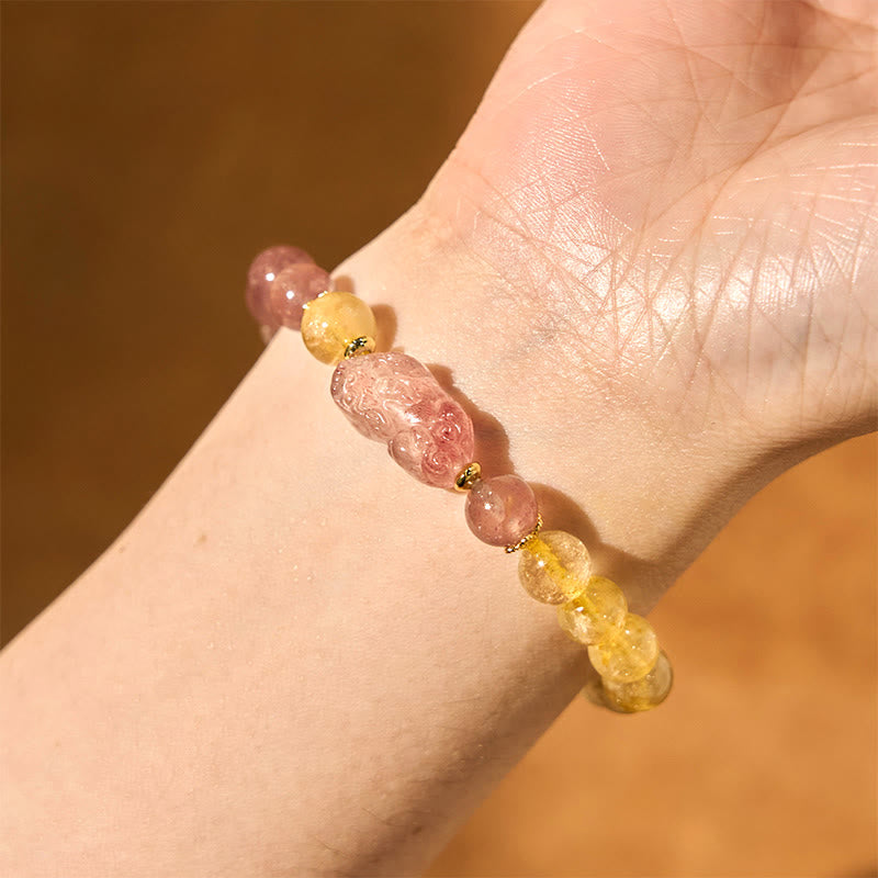Wear FengShui Strawberry Quartz Pixiu Rutilated Quartz Beads Healing Bracelet