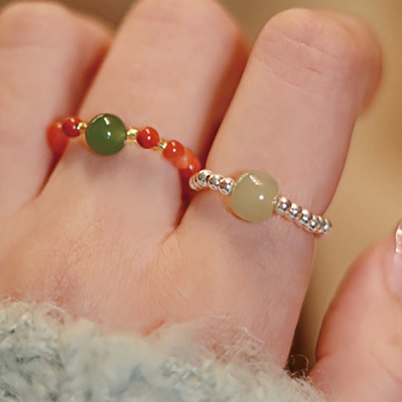 Wear FengShui 925 Sterling Silver Natural Small Hetian Jade Red Agate Pearl Bead Prosperity Elastic Ring