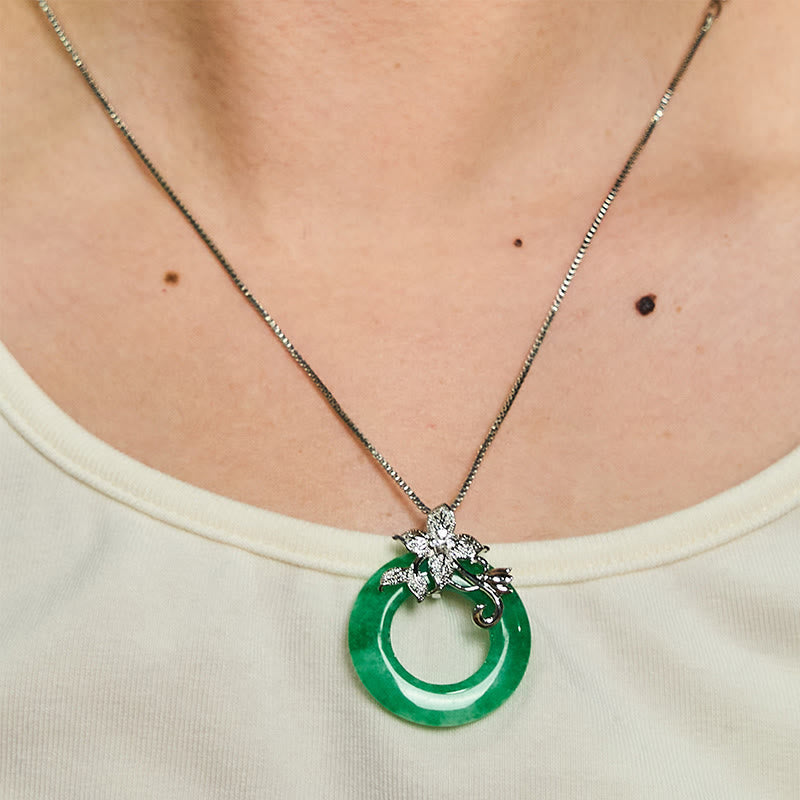 Wear FengShui Cyan Jade Peace Buckle Alloy Flower Healing Luck Necklace Pendant