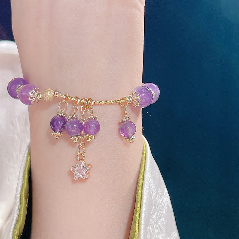 Wear FengShui Natural Amethyst Four Leaf Clover Star Peace Bracelet