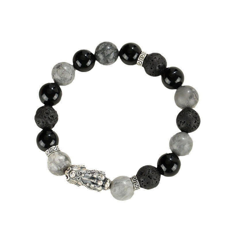 Wear FengShui 999 Sterling Silver PiXiu Black Onyx Grey Jasper Lava Rock Protection Bracelet