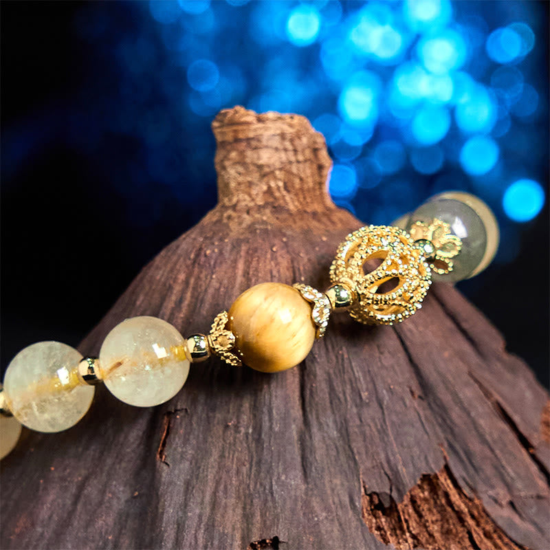 Wear FengShui Natural Rutilated Quartz Fu Character Metal Swallowing Beast Auspiciousness Bracelet