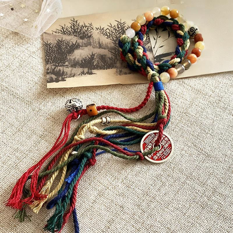 Wear FengShui Tibetan Mountain Ghosts Spend Money Colorful Chalcedony Double-Layer Colored Rope Tassel Positive Bracelet