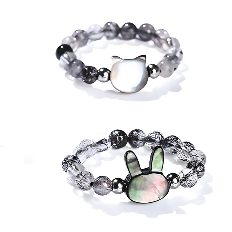 Wear FengShui 3mm Black Rutilated Quartz Tridacna Stone Rabbit Cat Ring