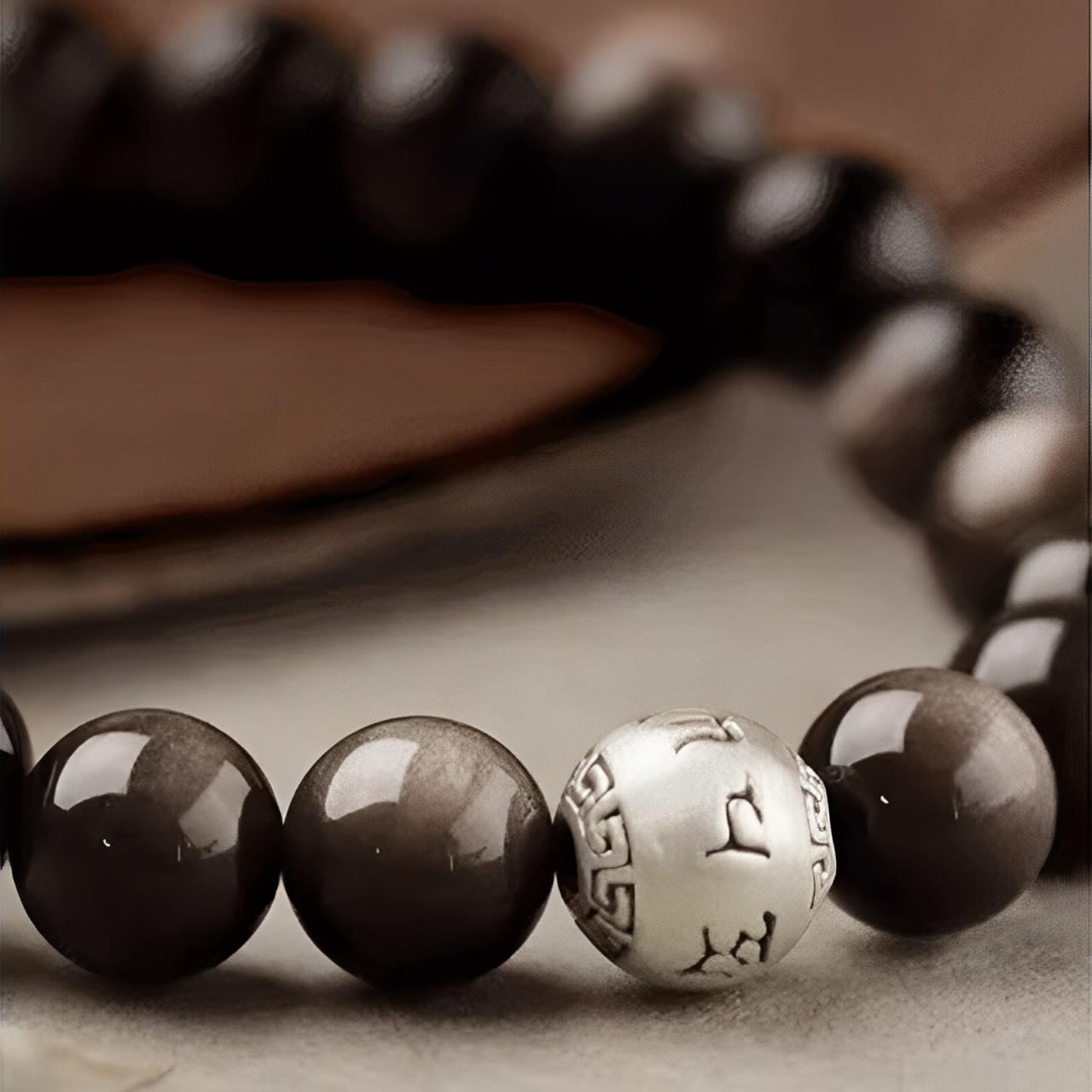 Wear FengShui Natural Silver Sheen Obsidian Om Mani Padme Hum Protection Bracelet