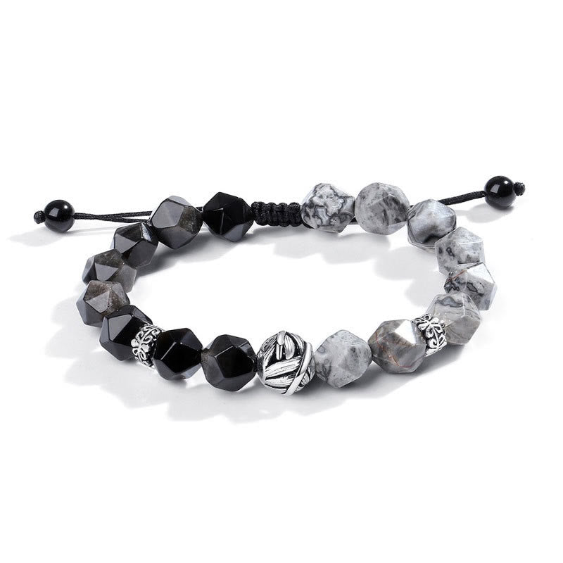 Wear FengShui Natural Irregular Cut Obsidian Grey Jasper 925 Sterling Silver Rolled Leaf Bead Protection Bracelet