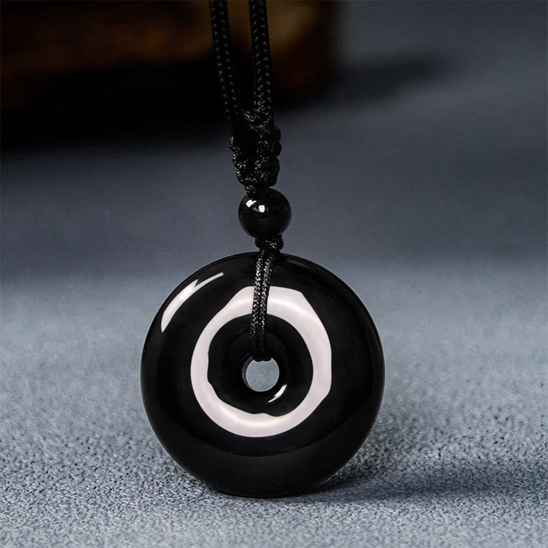 Wear FengShui Natural Black Obsidian Peace Buckle Strength Rope Necklace Pendant