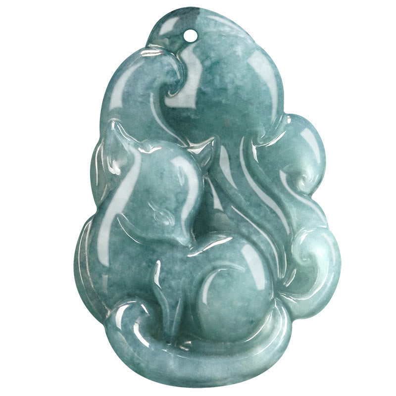 Wear FengShui Natural Green Jade Nine Tailed Fox Fairy Prosperity Necklace Pendant
