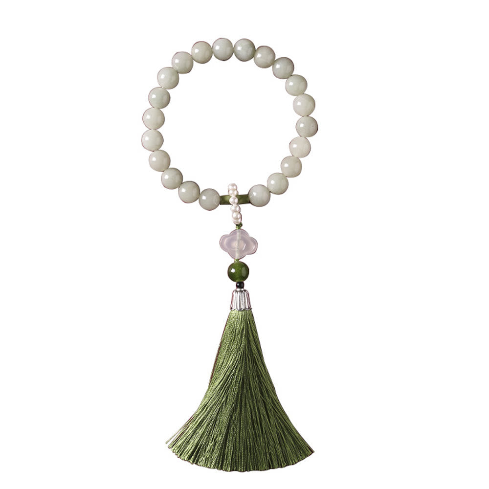 Wear FengShui Green Jade Beads Pearl Prosperity Tassels Wrist Mala