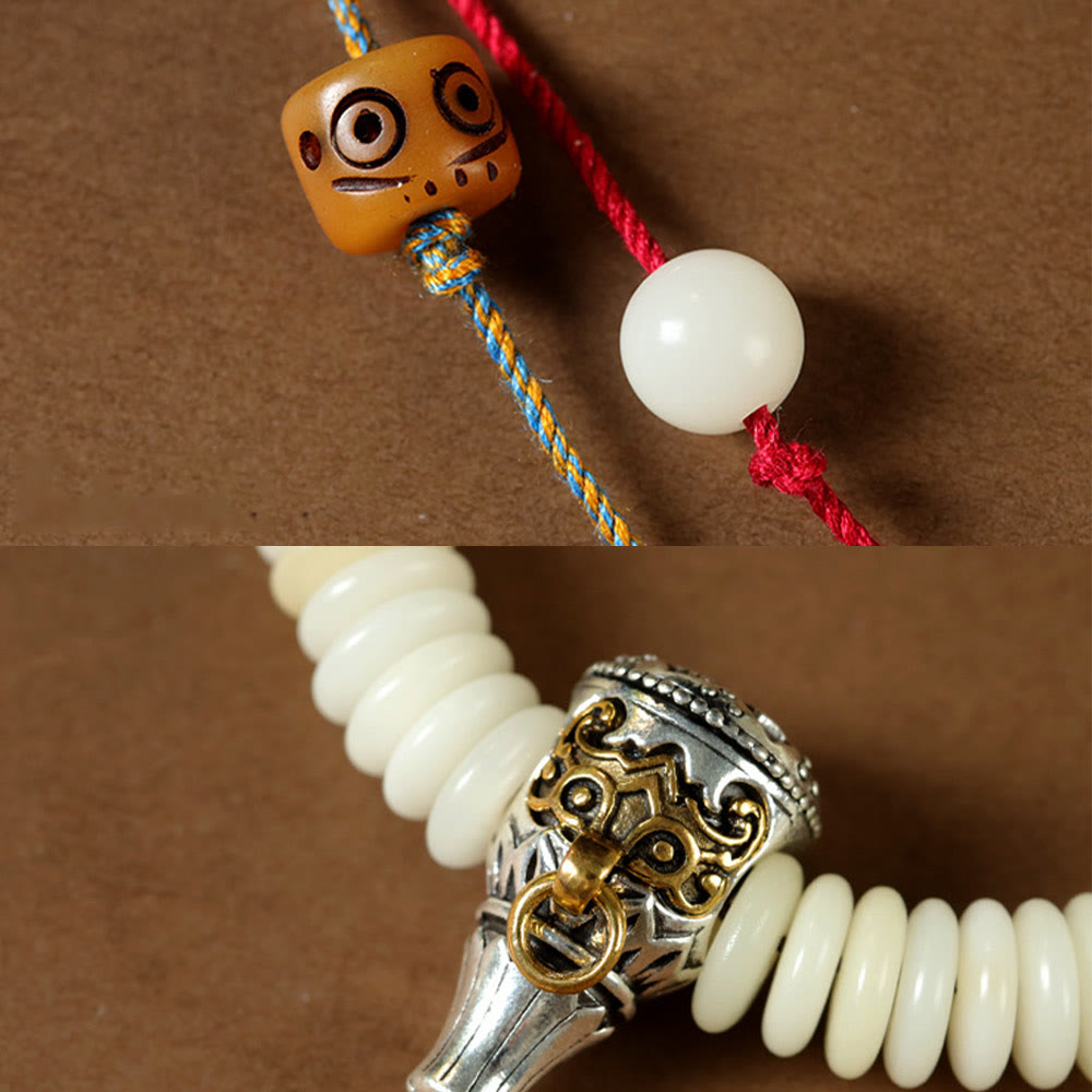 Wear FengShui Natural White Bodhi Seed Stone Wisdom Tassel Wrist Mala Bracelet