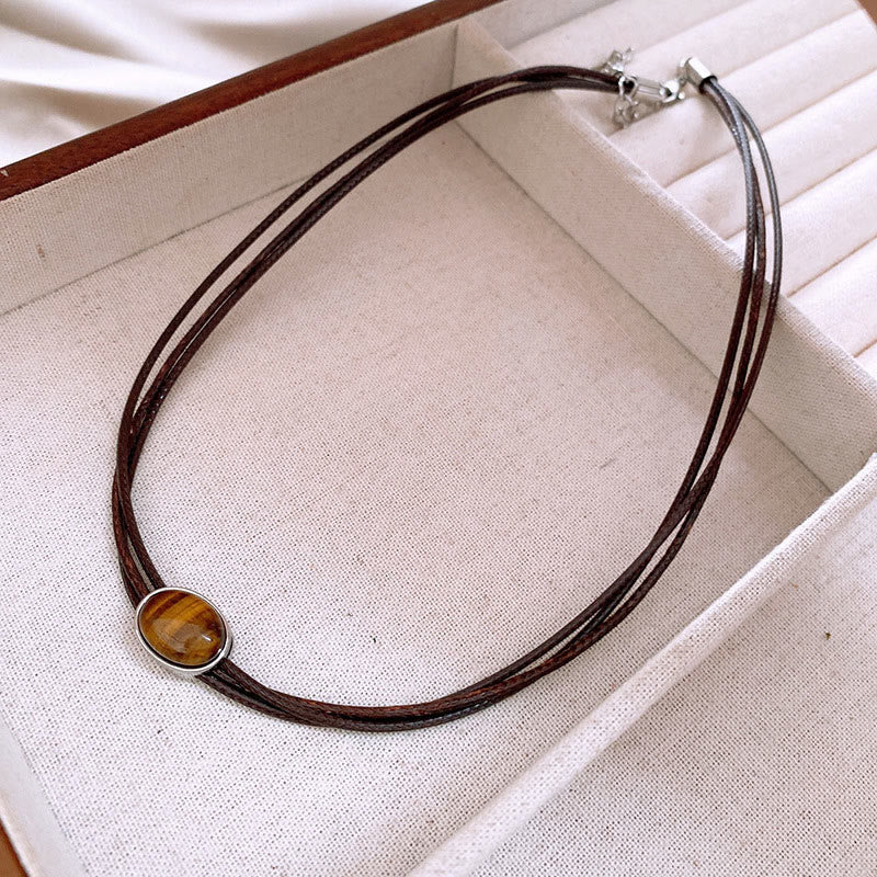 Wear FengShui Natural Tiger Eye Ellipse Protection Wax Rope Necklace Pendant