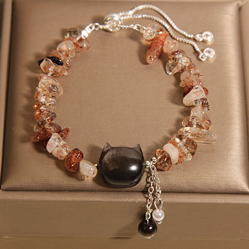 Wear FengShui Natural Pink Crystal Agate Gravel Stone Cat Head Soothing Bracelet
