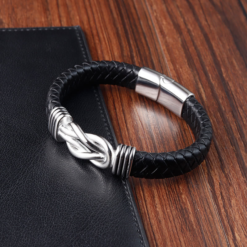 Wear FengShui Endless Knot Pattern Titanium Steel Balance Leather Buckle Bracelet