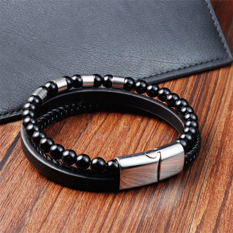 Wear FengShui Frosted Stone Multi-layer Leather Titanium Steel Balance Buckle Bracelet