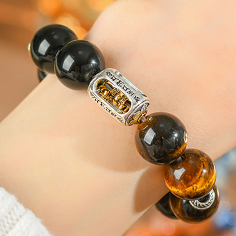 Wear FengShui Natural Silver Sheen Obsidian Tiger Eye Vajra Protection Bracelet
