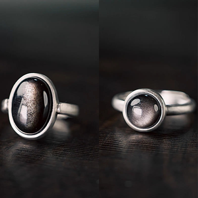 Wear FengShui Natural 925 Sterling Silver Silver Sheen Obsidian Adjustable Protection Ring