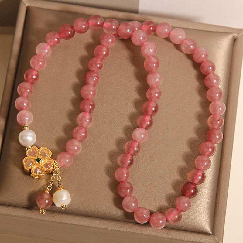 Wear FengShui Strawberry Quartz Four Leaf Clover Double Wrap Design Positive Bracelet