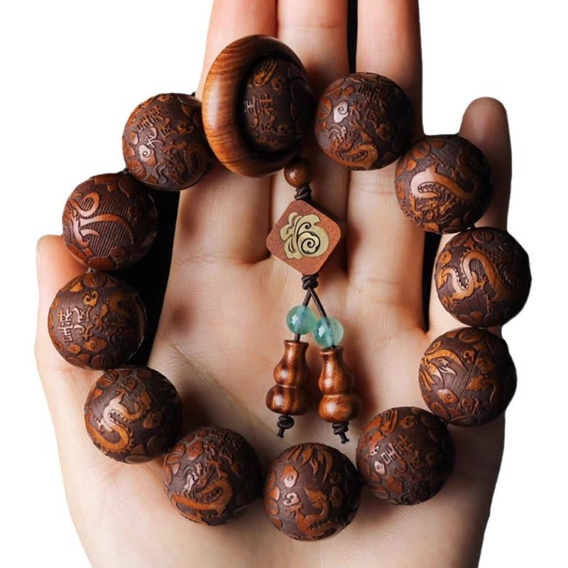 Wear FengShui Natural Carving Dragon And Phoenix Fu Character Gourd Rosewood Beads Warmth Bracelet