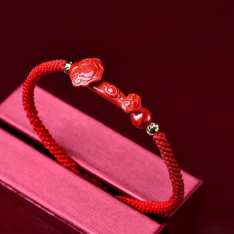 Wear FengShui Handcrafted Pixiu Cinnabar Ruyi Stick Wealth Luck Braided Bracelet
