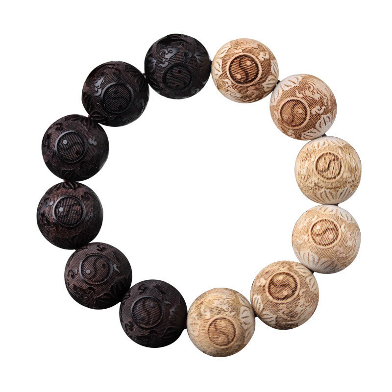 Wear FengShui Ebony Wood Camphor Wood Yin Yang Ox Engraved Peace Bracelet