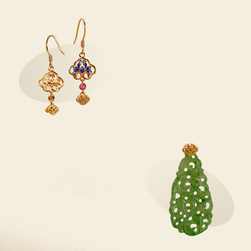 Wear FengShui Hollow Hetian Jade Enamel 925 Sterling Silver Prosperity Earrings