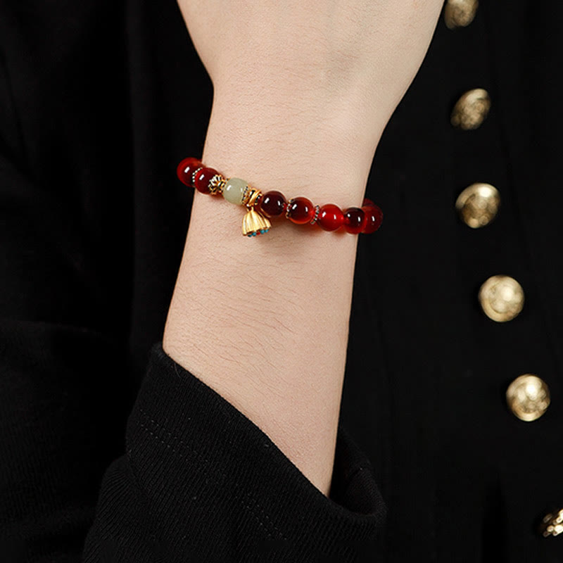 Wear FengShui Natural Colorful Candy Agate Golden Lotus Pod Healing Bracelet