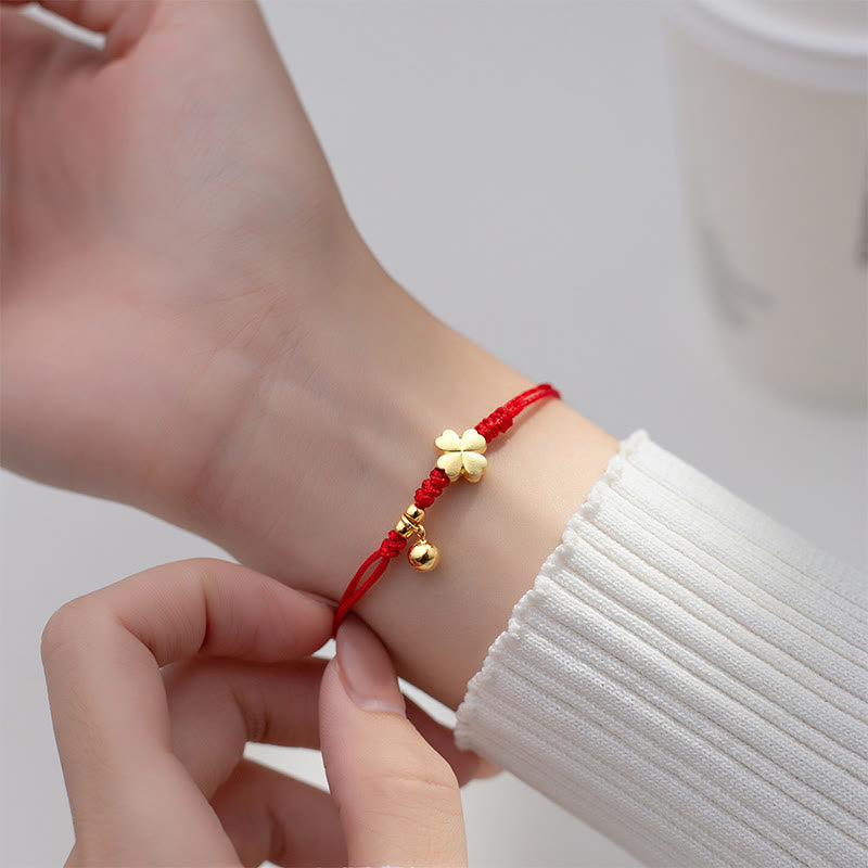 Wear FengShui 925 Sterling Silver Plated Gold Four Leaf Clover Red String Connection Bracelet