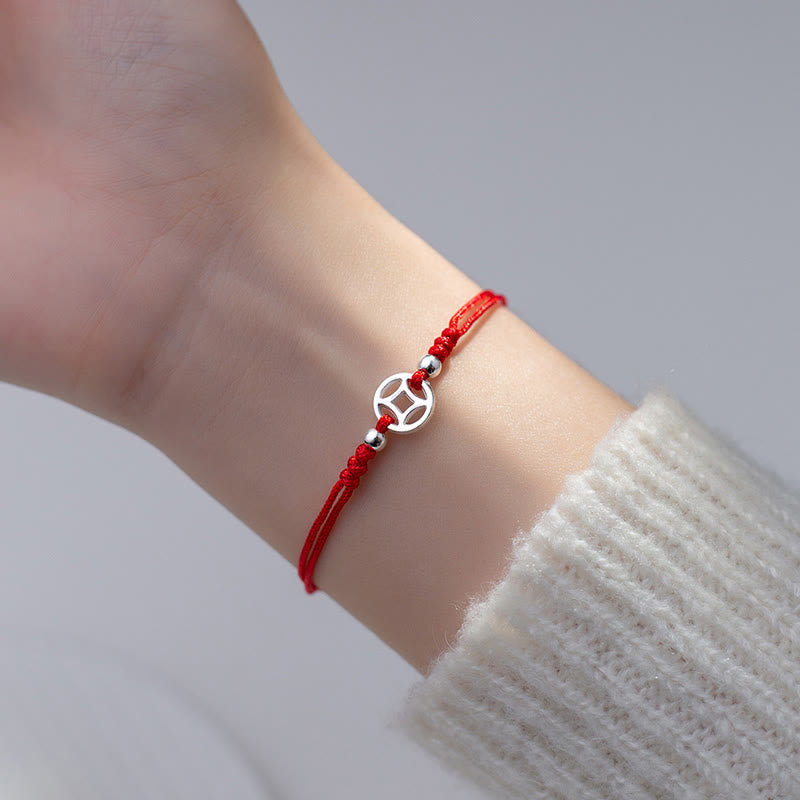 Wear FengShui 925 Sterling Silver Hollow Copper Coin Luck String Bracelet