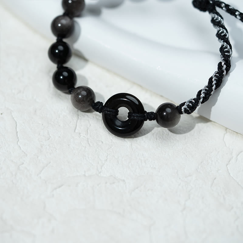 Wear FengShui Natural Black Obsidian Peace Buckle Purification Black Rope Bracelet