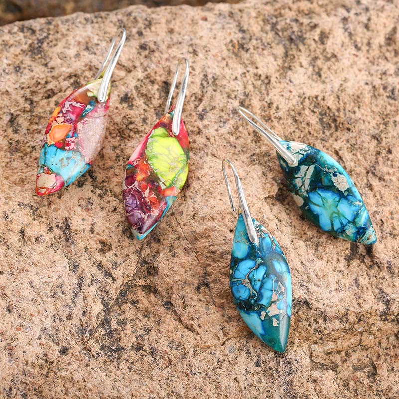 Wear FengShui Natural Emperor Stone Water Drop Leaf Shape Happiness Earrings