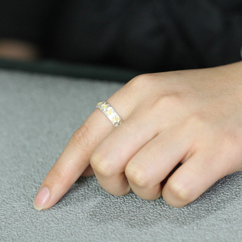 Wear FengShui Hammer Pattern Om Mani Padme Hum Copper Plated Silver Wealth Ring