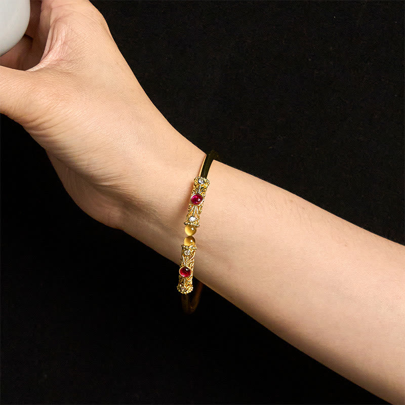 Wear FengShui Golden Flower Pattern Red Zircon Amber Copper Luck Cuff Bracelet Bangle