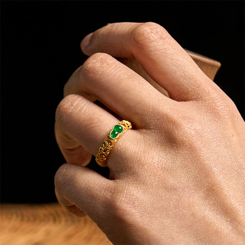 Wear FengShui Vintage Gourd Green Chalcedony Copper Alloy Wealth Ring