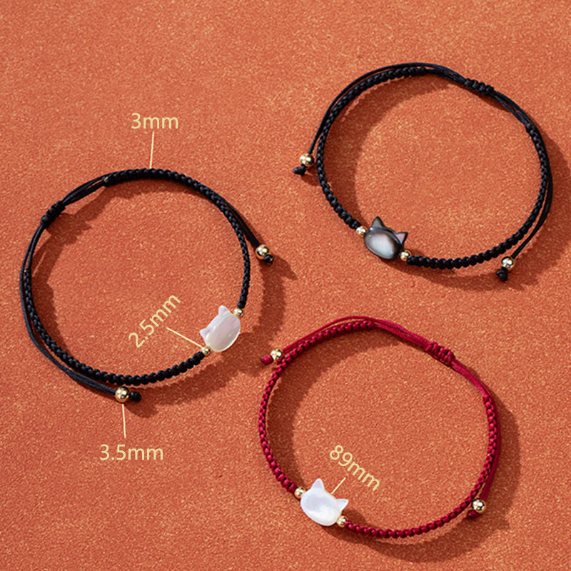Wear FengShui Faceless Cat Head Red String Shell Connection Bracelet