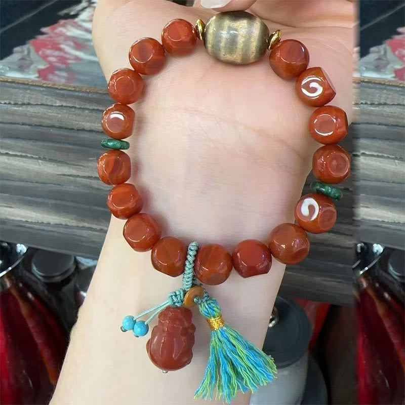 Wear FengShui Natural South Red Agate Pixiu Dzi Bead Fortune Luck Bracelet
