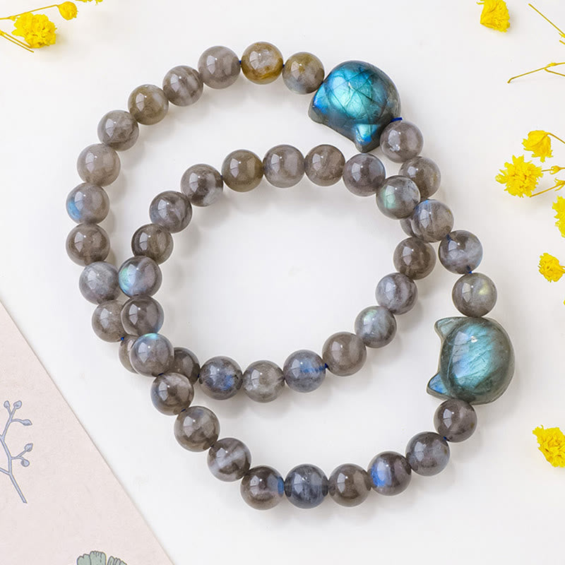 Wear FengShui Natural Labradorite Cute Cat Head Healing Change Bracelet