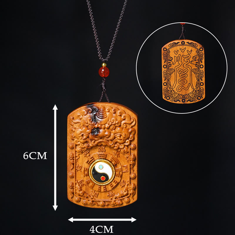 Wear FengShui Lightning Struck Jujube Wood Dragon Yin Yang Bagua Protection Necklace Pendant