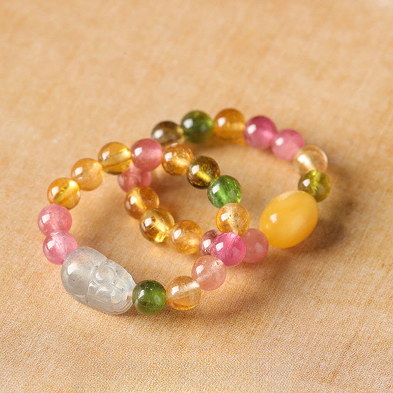 Wear FengShui Natural Tourmaline Lucky Pearl Pixiu Amber Positive Love Ring