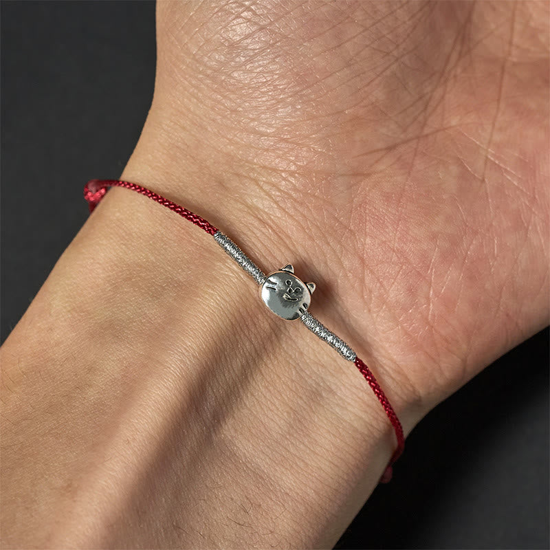 Wear FengShui 925 Sterling Silver Cute Cat Red String Braided Bracelet